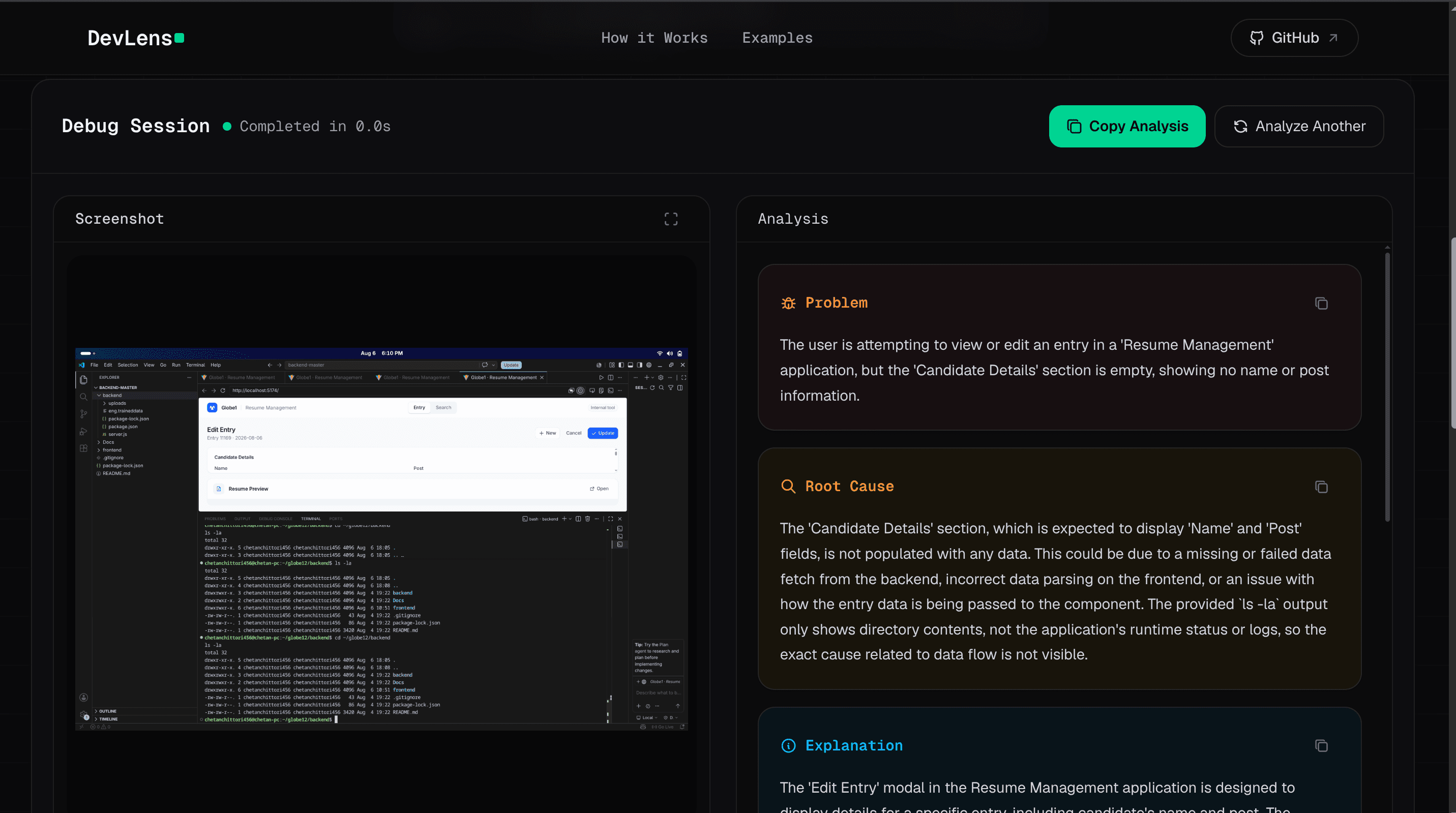 DevLens debug session interface showing a code screenshot beside its structured problem, root cause and fix analysis.